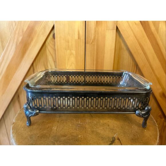 Vtg Anchor Hocking Fire King 1 Quart Rectangle Glass Casserole Dish Silver Tray - Picture 1 of 11